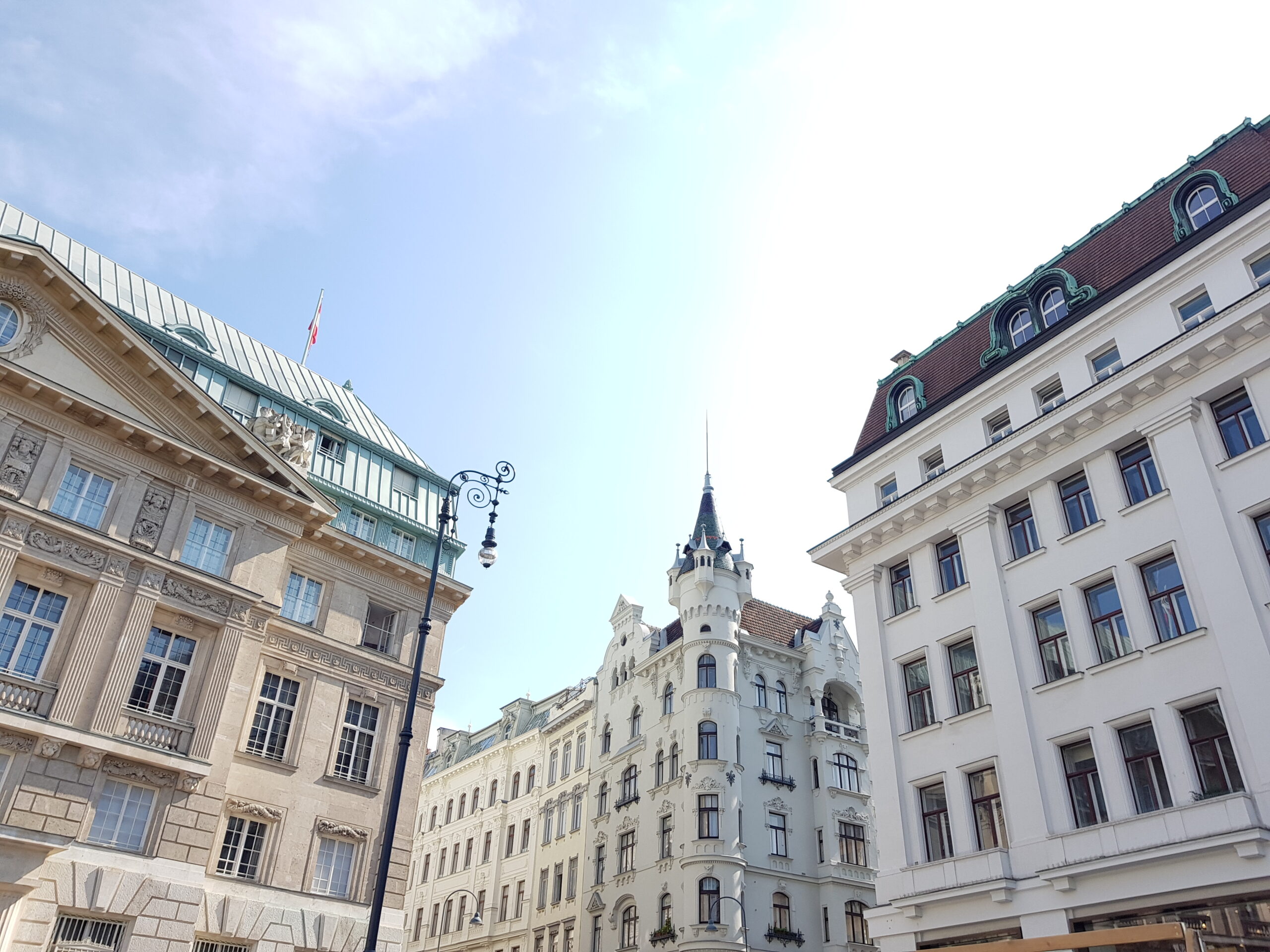 Vienna architectural landscape showcasing ornate facades, Austrian flag, green rooftops, and a turret under a clear sky